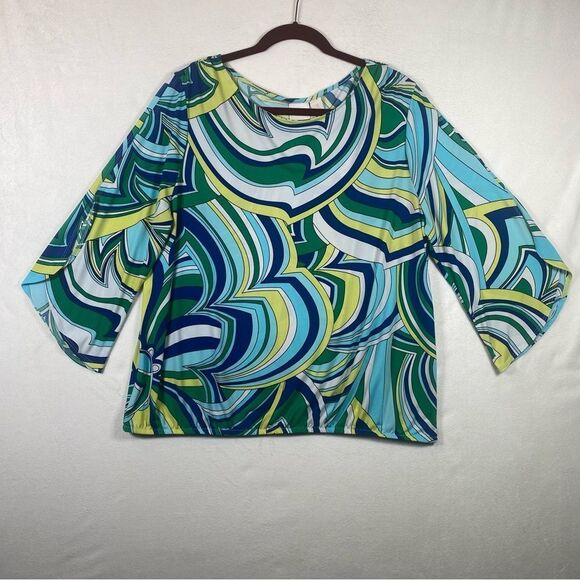 Chico's Modern Movement Cold Shoulder 3/4 Sleeve Multi Color Top Size 3 - Picture 1 of 13